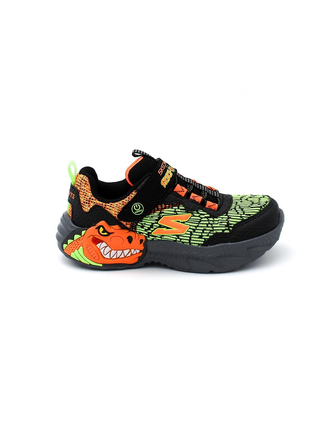 Deportivas SKECHERS 400615L Negro/Naranja/Dinosaurio Niño.