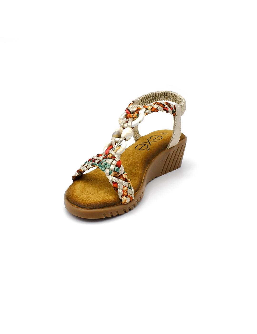 Sandalia Cuña EXE 721-Ex9 Textil Gold Mujer.