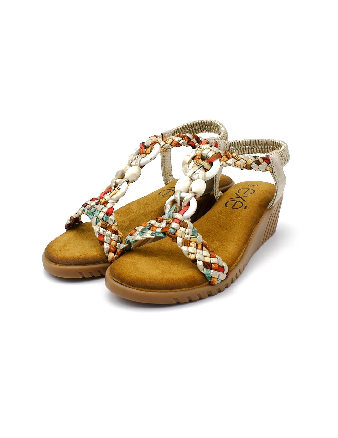 Sandalia Cuña EXE 721-Ex9 Textil Gold Mujer.