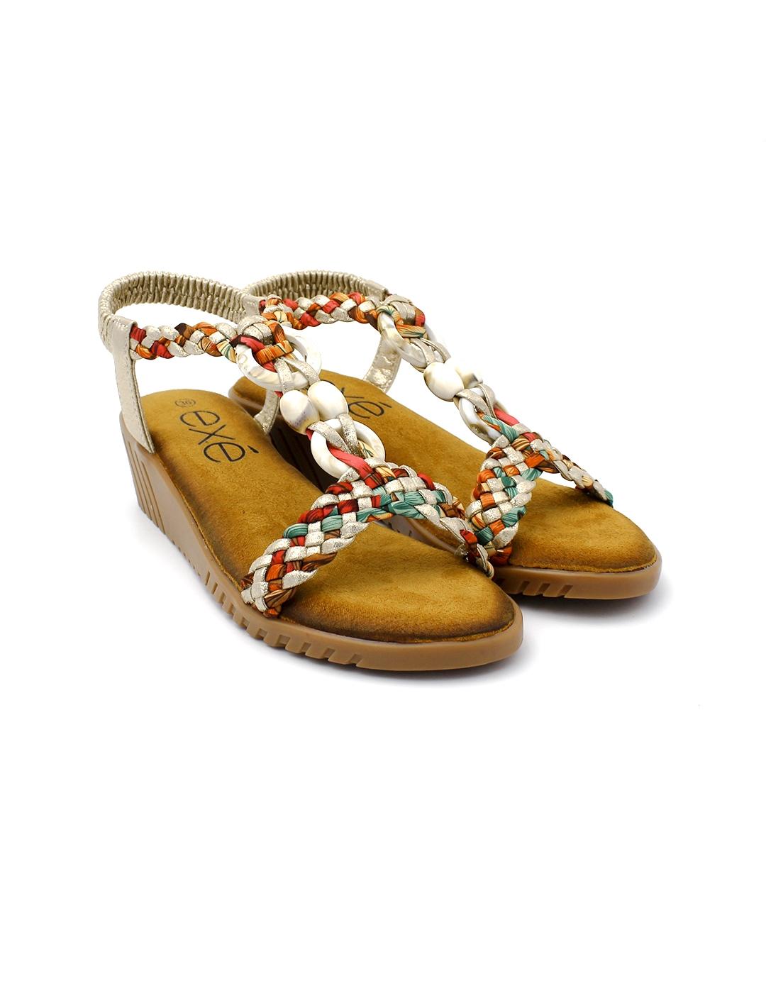 Sandalia Cuña EXE 721-Ex9 Textil Gold Mujer.