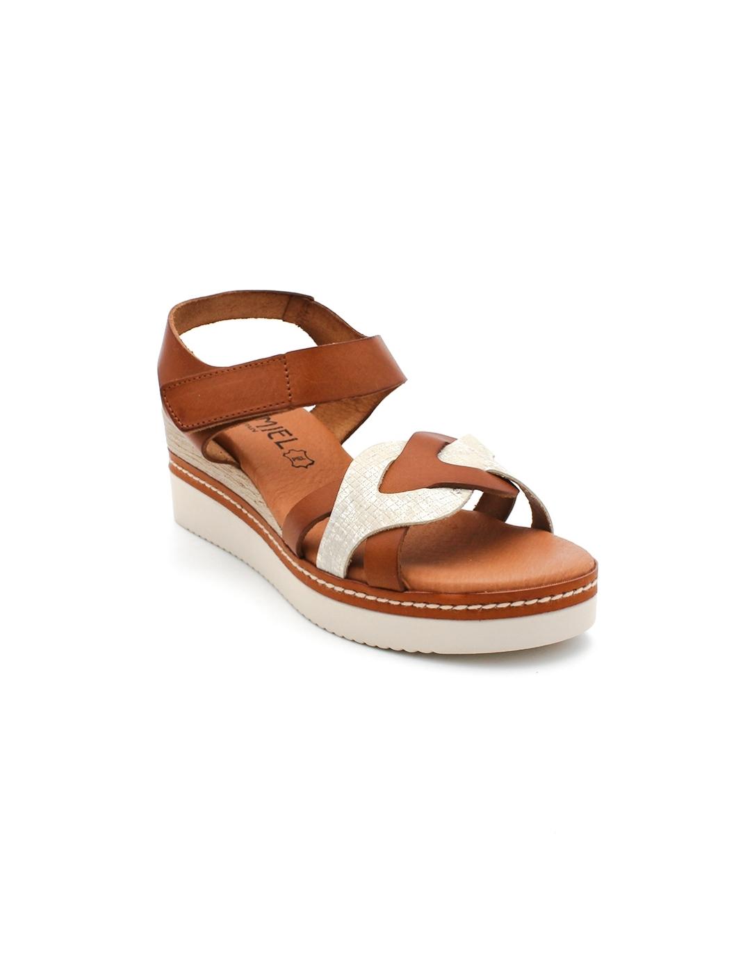 Sandalia Plataforma ISSA MIEL 504 Cuero/Platino Mujer.