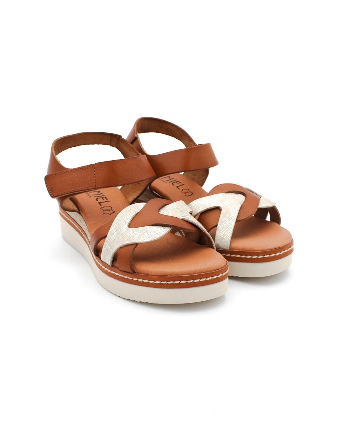 Sandalia Plataforma ISSA MIEL 504 Cuero/Platino Mujer.